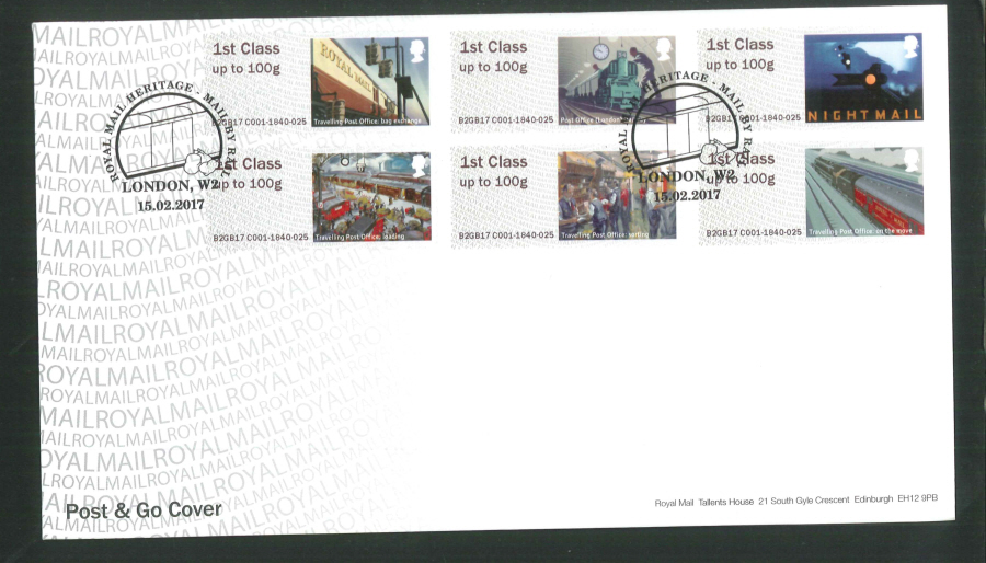 2017 - Post & Go First Day Cover "Mail by Rail" - Royal Mail Heritage London W2 Postmark - Click Image to Close